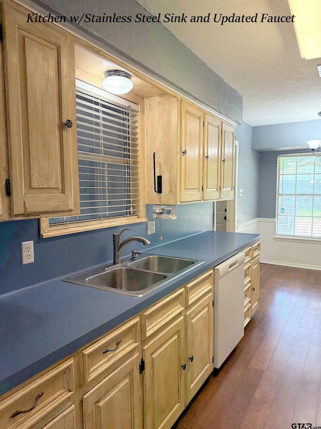 3900 S Donnybrook Ave, Tyler, TX 75703 - kitchen with dishwasher, a sink, light brown cabinets, a textured ceiling, and dark wood-type flooring