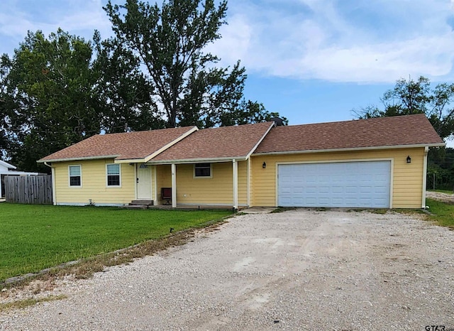 single story home with a front yard and a garage