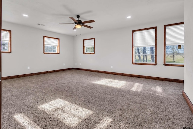 unfurnished room featuring baseboards, visible vents, ceiling fan, and recessed lighting