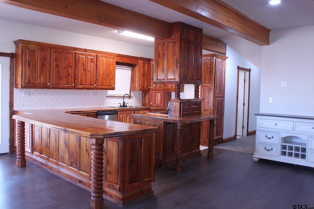 kitchen featuring sink, tasteful backsplash, dark hardwood / wood-style flooring, kitchen peninsula, and beamed ceiling