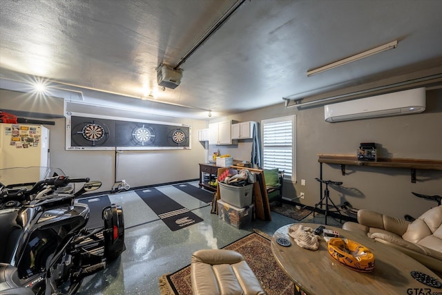 garage featuring white refrigerator, an AC wall unit, and a garage door opener