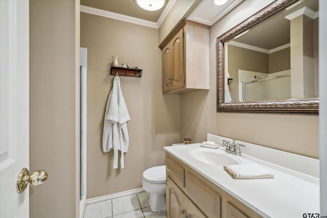 full bath with vanity, tile patterned floors, crown molding, toilet, and a shower stall
