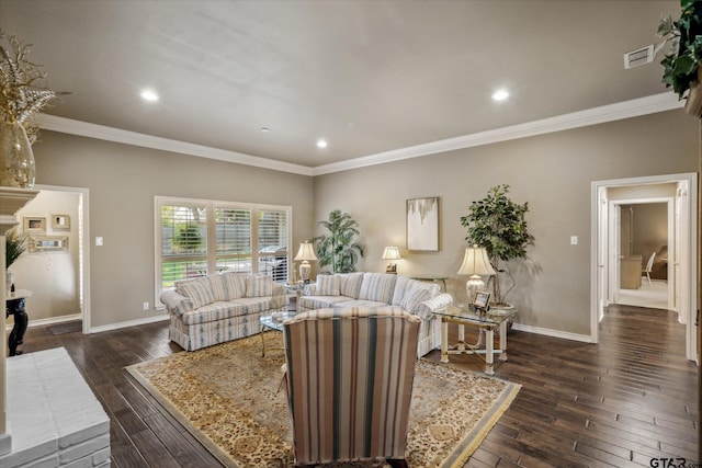 living room featuring dark wood-style floors, baseboards, visible vents, and ornamental molding