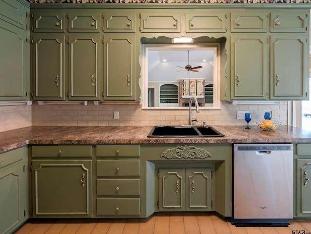 kitchen with light hardwood / wood-style floors, sink, tasteful backsplash, ceiling fan, and dishwasher