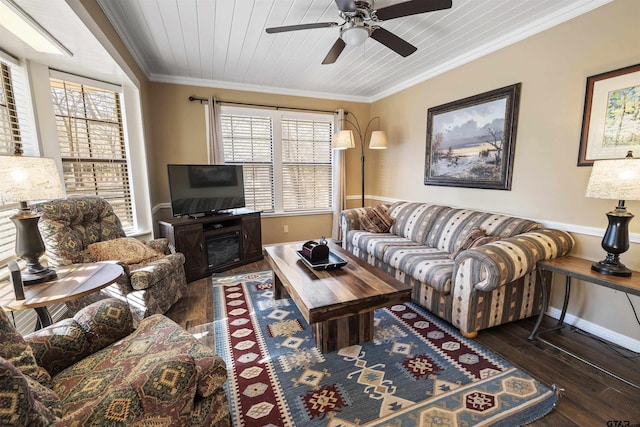 living room featuring crown molding, plenty of natural light, dark hardwood / wood-style flooring, and wooden ceiling