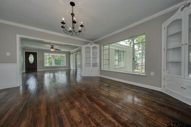 unfurnished dining area with built in shelves, ornamental molding, and dark wood-type flooring