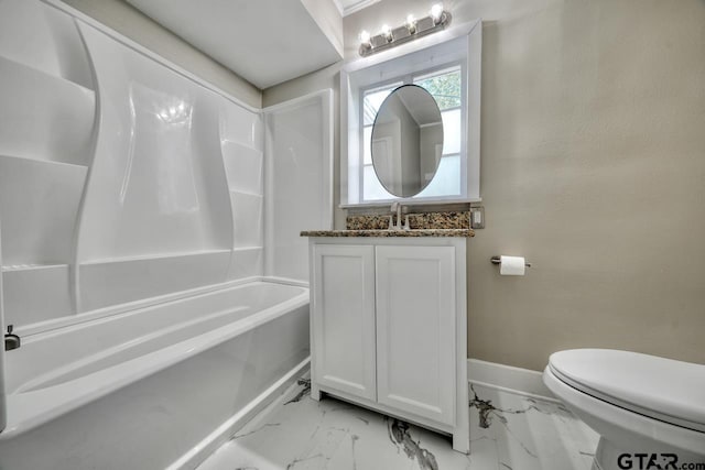 full bathroom featuring shower / washtub combination, vanity, and toilet