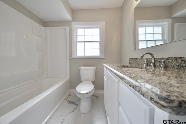 full bathroom with bathtub / shower combination, vanity, toilet, and a healthy amount of sunlight