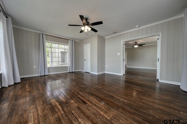 unfurnished room with crown molding, ceiling fan, and dark wood-type flooring