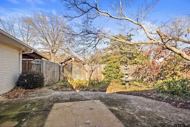 view of yard featuring a storage unit and a patio area