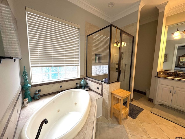 bathroom featuring vanity, plus walk in shower, tile patterned flooring, and ornamental molding