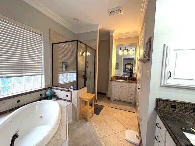 bathroom featuring independent shower and bath, vanity, tile patterned flooring, and ornamental molding