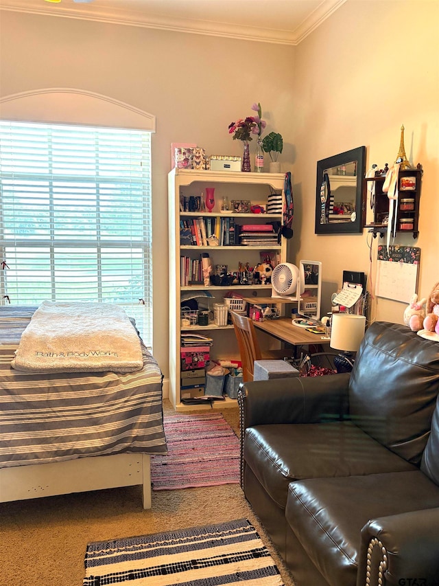 bedroom with carpet floors and crown molding