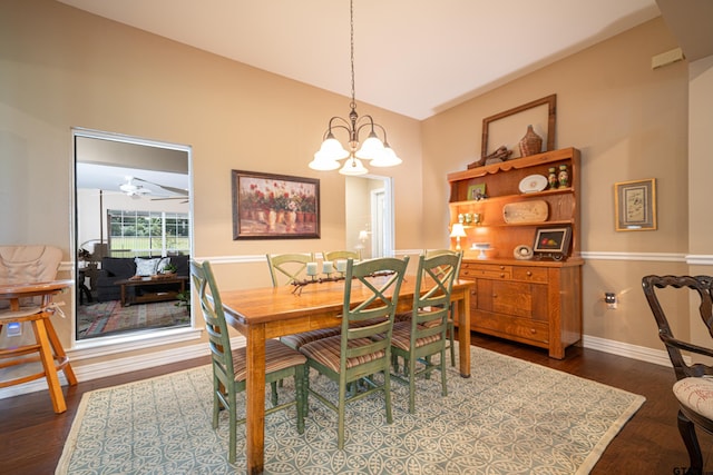 dining area with baseboards, a chandelier, and dark wood-type flooring