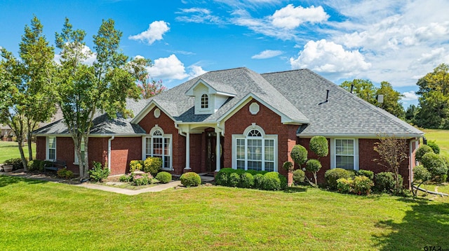 view of front of property with roof with shingles, a front lawn, and brick siding