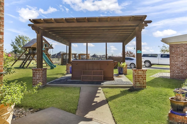 view of patio with a playground and a pergola