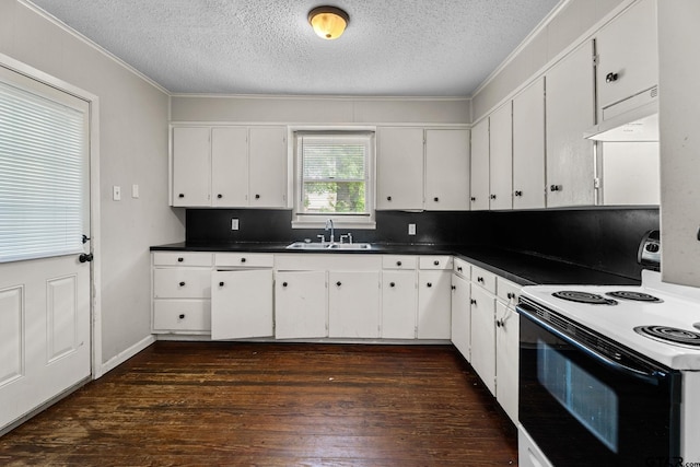 kitchen featuring range with electric cooktop, a textured ceiling, dark countertops, a sink, and under cabinet range hood