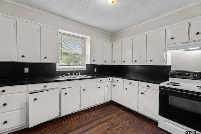 kitchen with range with electric stovetop, a sink, under cabinet range hood, and dark countertops