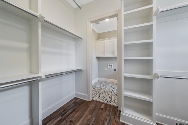 walk in closet with dark hardwood / wood-style flooring