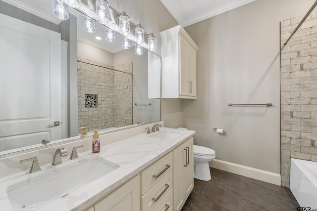 full bathroom featuring toilet, tile patterned flooring, ornamental molding, vanity, and independent shower and bath