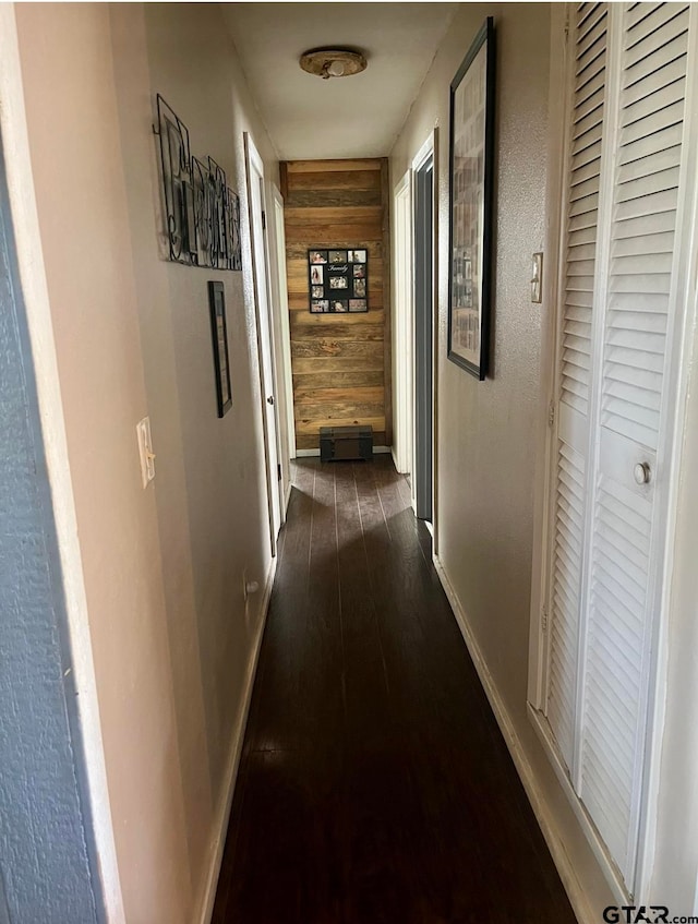 hall with dark hardwood / wood-style flooring and wood walls