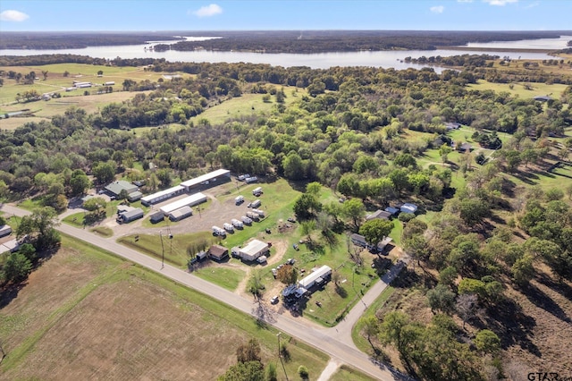 aerial view featuring a water view and a rural view