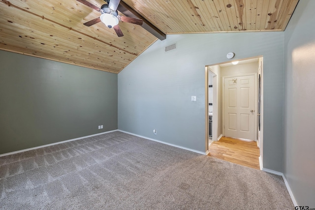 additional living space featuring wooden ceiling, ceiling fan, beam ceiling, high vaulted ceiling, and carpet floors