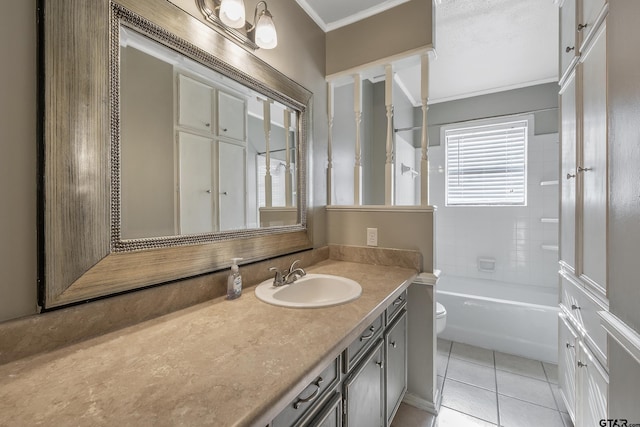 full bathroom featuring tile patterned floors, crown molding, vanity, shower / washtub combination, and toilet