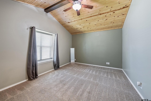 bonus room with lofted ceiling with beams, carpet floors, ceiling fan, and wooden ceiling