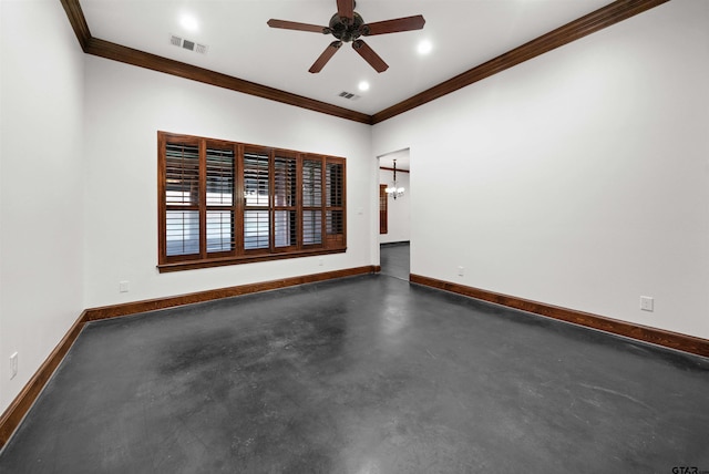 empty room with ceiling fan with notable chandelier, concrete flooring, and ornamental molding