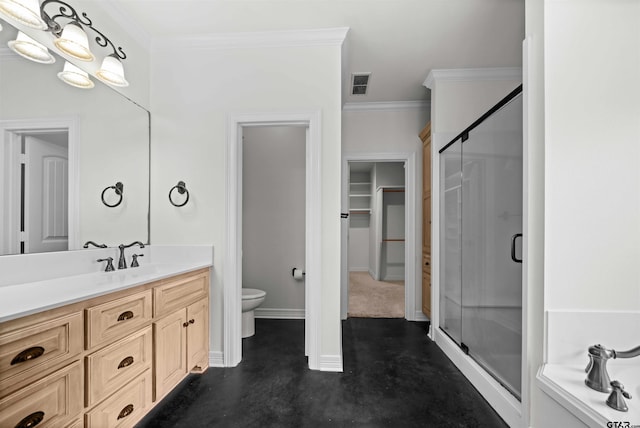 full bathroom featuring vanity,  shower combination, toilet, and crown molding