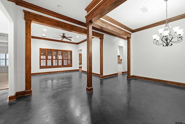 empty room featuring ceiling fan with notable chandelier, ornate columns, and crown molding