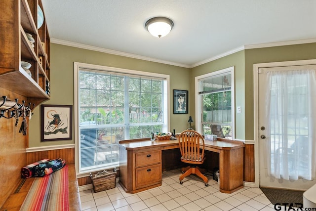 tiled office with wooden walls and ornamental molding