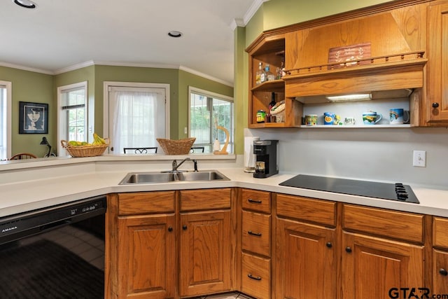 kitchen with a wealth of natural light, black appliances, sink, and crown molding