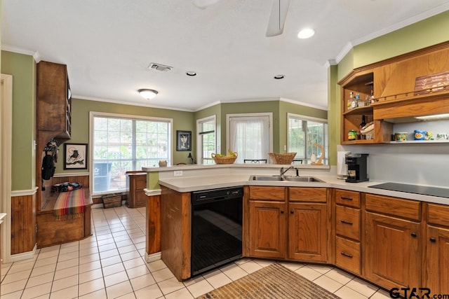 kitchen with kitchen peninsula, black appliances, sink, light tile patterned flooring, and crown molding