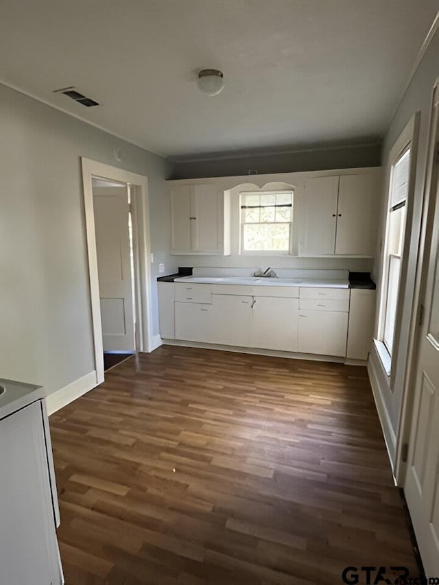 kitchen with white cabinets and dark wood-type flooring