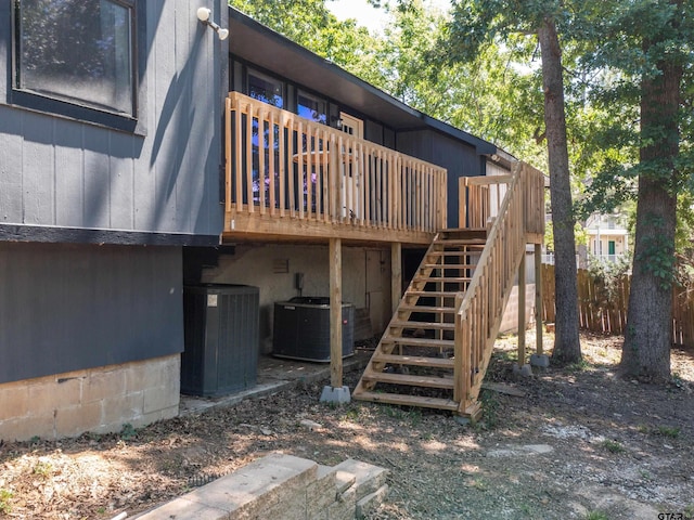 17795 Lookout Ln, Flint, TX 75762 - rear view of property featuring fence, stairway, central AC unit, and a wooden deck