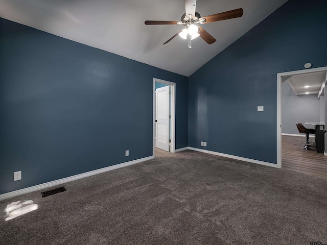 17795 Lookout Ln, Flint, TX 75762 - carpeted spare room with a ceiling fan, visible vents, high vaulted ceiling, and baseboards