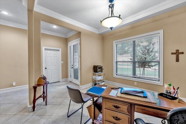 home office with crown molding and light tile patterned flooring