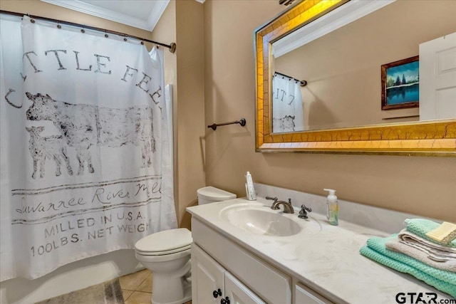 bathroom featuring toilet, tile patterned flooring, vanity, and ornamental molding