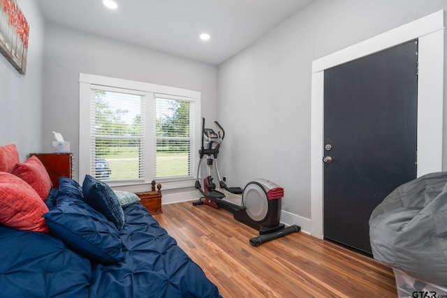 bedroom with dark hardwood / wood-style flooring