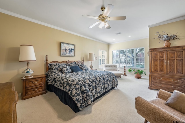 bedroom featuring ceiling fan, light carpet, and crown molding