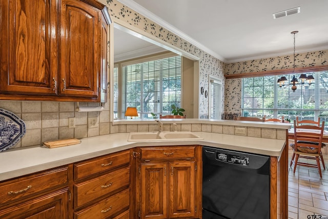 kitchen featuring an inviting chandelier, black dishwasher, hanging light fixtures, sink, and ornamental molding