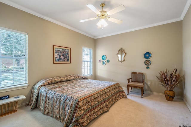 bedroom with ornamental molding, light carpet, and ceiling fan