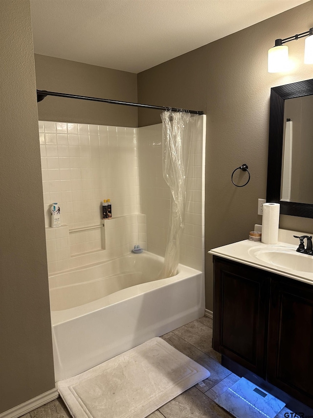bathroom featuring shower / tub combo with curtain and vanity