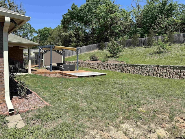 view of yard with a deck, a pergola, and a fenced backyard