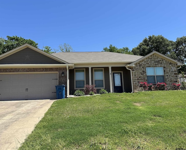 ranch-style home with stone siding, concrete driveway, a front lawn, and a garage