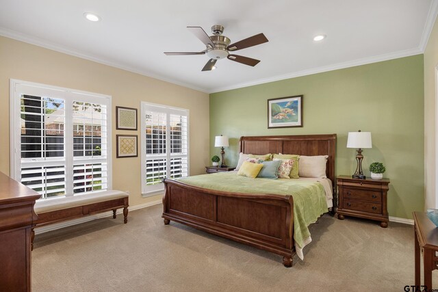 265 Bunker Dr, Tyler, TX 75703 - bedroom featuring light carpet, crown molding, a ceiling fan, and recessed lighting