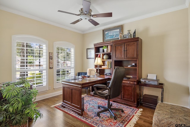265 Bunker Dr, Tyler, TX 75703 - home office with dark wood-type flooring, a ceiling fan, and ornamental molding