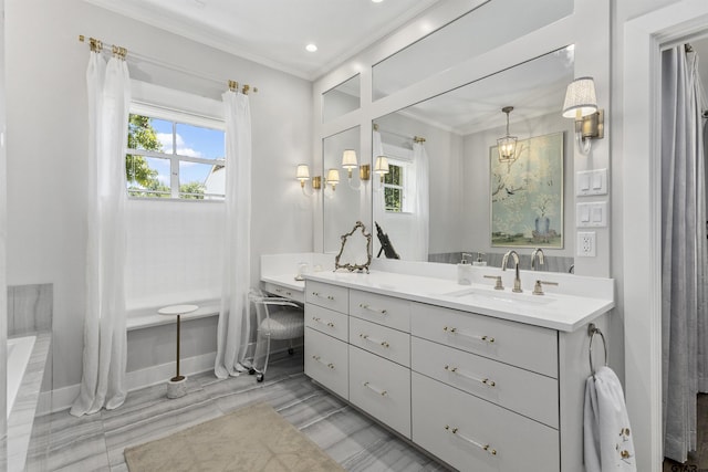 bathroom with vanity and crown molding